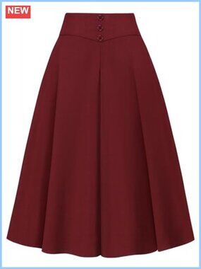 Womens Midi Skirt A-Line High Waisted Pleated Work Business Casual
